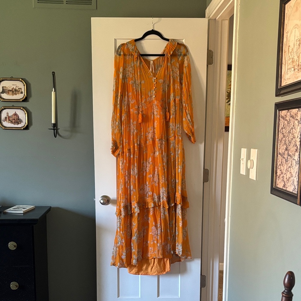 Anthropologie Orange Floral High-Low Maxi Dress